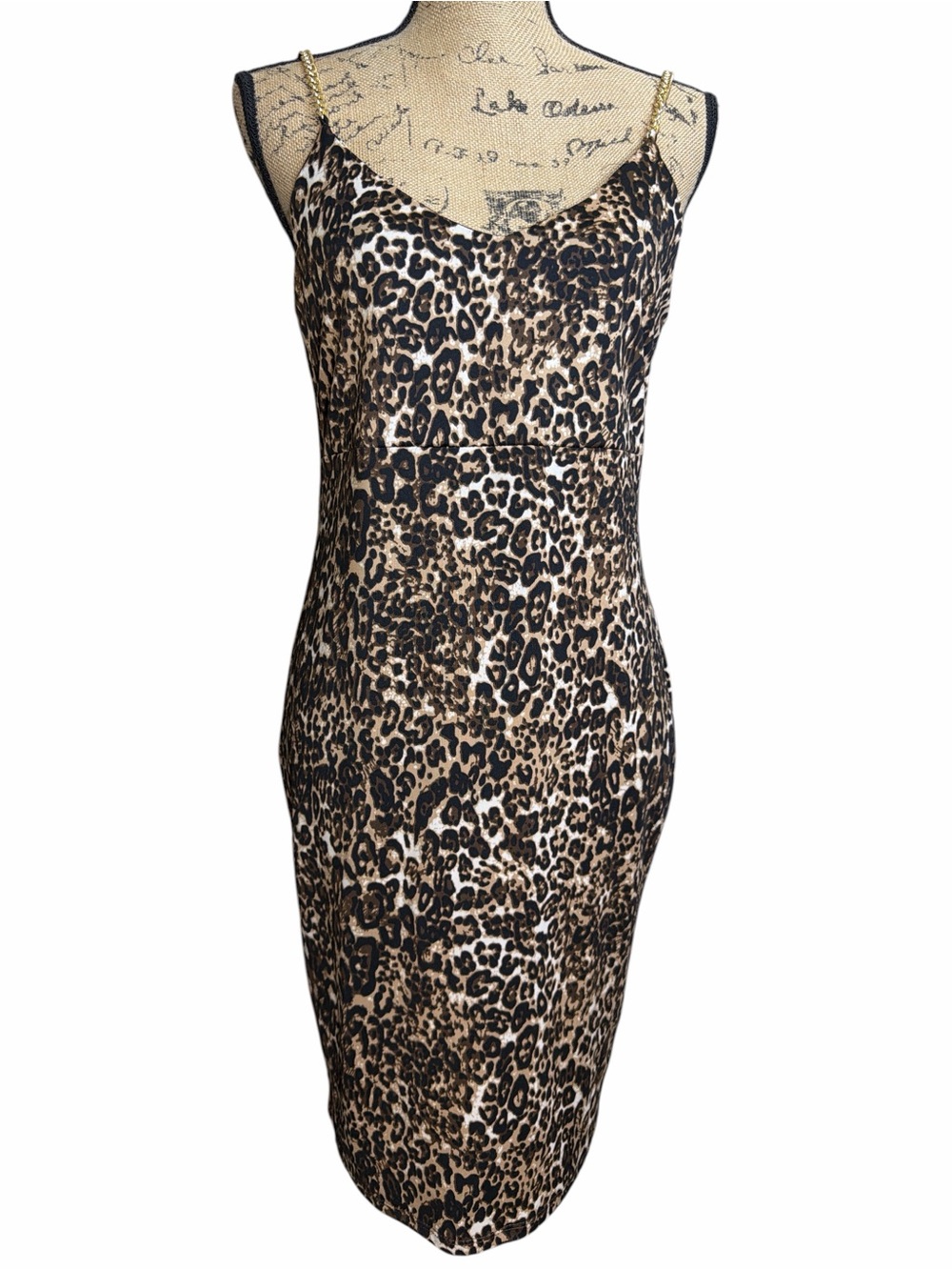 Bebe Leopard Print Slip Dress with Gold Chain Straps - Brown/Black EC. Size 10